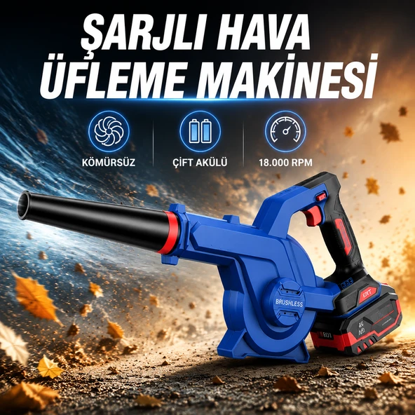 Kömürsüz Şarjlı Hava Üfleme Makinesi 21V 4.0Ah Çift Akü 18000RPM Brushless Motor Bahçe Yaprak Üfleme ürün görseli 1