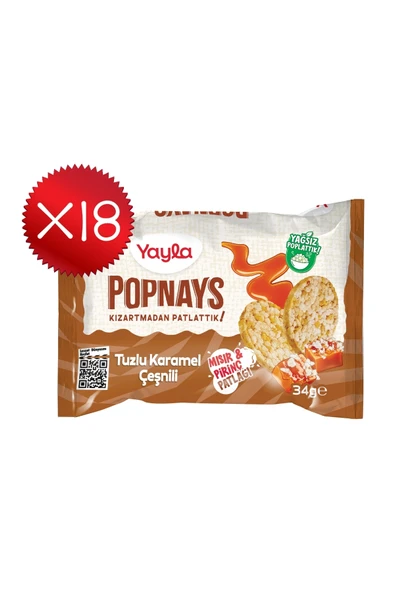 Yayla Popnays Tuzlu Karamel Çeşnili Mısır ve Pirinç Patlağı 34 g x18 ürün görseli 1
