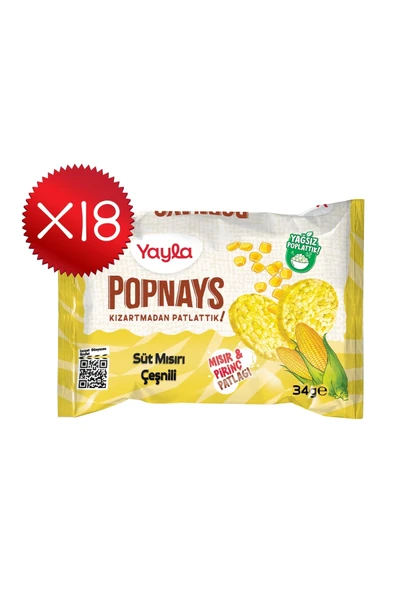Yayla Popnays Süt Mısırı Çeşnili Mısır ve Pirinç Patlağı 34 g x18 ürün görseli 1