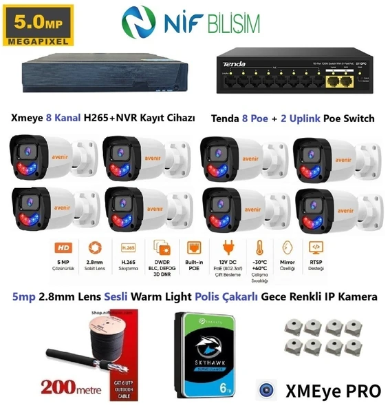 Xmeye 5mp 2.8mm Sabit Lens Polis Çakarlı Sesli Ve Gece Renkli 8 Kameralı IP Kamera Seti 6TB Disk ürün görseli 1