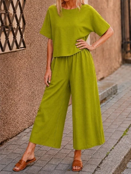 Kadın Kısa Kollu Kayık Yakalı Bluz Ve Pantolon Ikili Takım ürün görseli 1