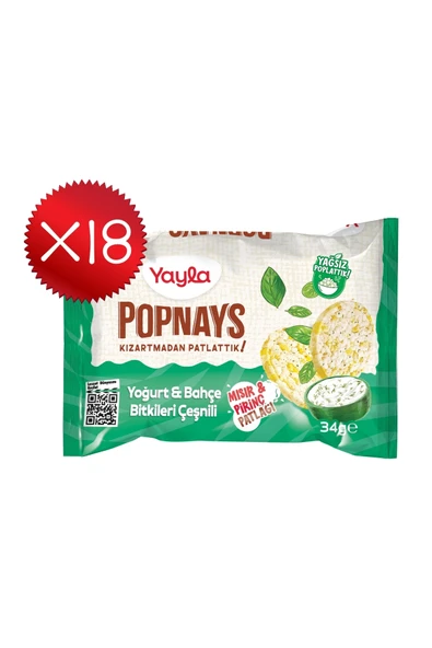Yayla Popnays Yoğurt ve Bahçe Bitkileri Çeşnili Mısır ve Pirinç Patlağı 34 g x18 ürün görseli 1