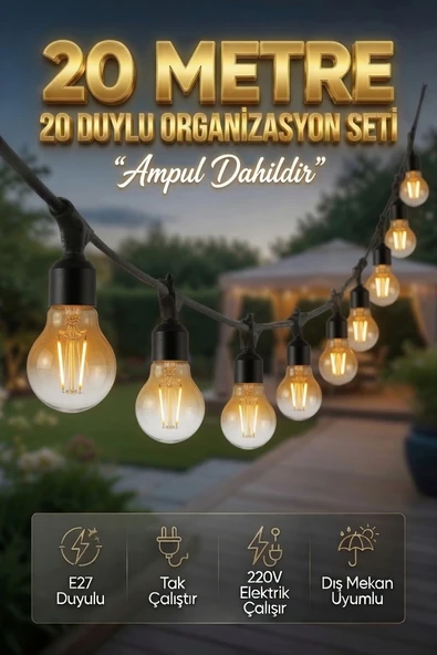 20 Metre 20 Duy Organizasyon Seti A60 4W E27 Rustik Ampul Dahil 220V Dış Mekan Bahçe Teras Festoon Işık Zinciri ürün görseli 1