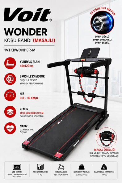 Voit Wonder Masajlı Katlanabilir Koşu Bandı 16 Km/H Brushless Motorlu Ev Tipi Fitness Bandı ürün görseli 1