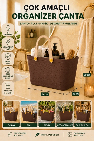 Deri Görünümlü Çok Amaçlı Kulplu Plastik Organizer Sepet El Çantası Plaj Çantası, Piknik Sepeti, Dekoratif Sepet ürün görseli 1