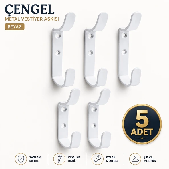 (5 ADET) Çengel Metal Portmanto Vestiyer Duvar Dolap Elbise Askısı Beyaz Mobilya Askılığı Aparatı ürün görseli 1