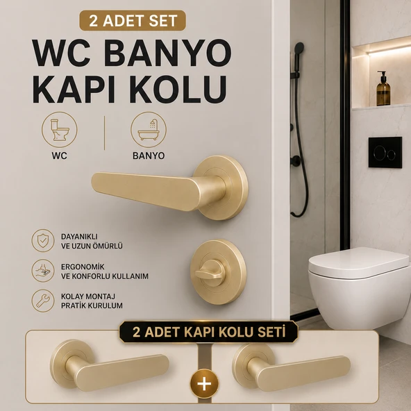 (2 TAKIM SET) Özen KAYI Titanyum WC Kapı Kolu Yuvarlak Rozetli Banyo Tuvalet Uyumlu Takımı Kolları ürün görseli 1