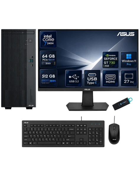 Asus ExpertCenter P500MV Core 7 240H 64 GB DDR5 512 GB SSD GT 730 Ekran Kartı Windows 11 Pro Masaüstü Bilgisayar + 27 İnç ASUS Monitör Seti P500MVC7GT730RNP21 ürün görseli 1