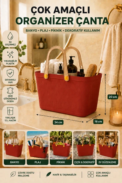Deri Görünümlü Çok Amaçlı Kulplu Plastik Organizer Sepet El Çantası Plaj Çantası, Piknik Sepeti, Dekoratif Sepet ürün görseli 1