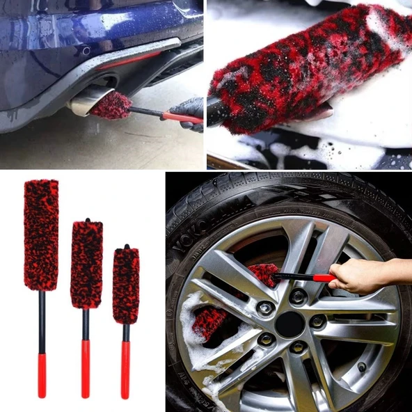 3lü Bükülebilen Peluş Detaylı Temizlik İçin Oto Jant, Egzos Temizleme Fırçası (5224) ürün görseli 1