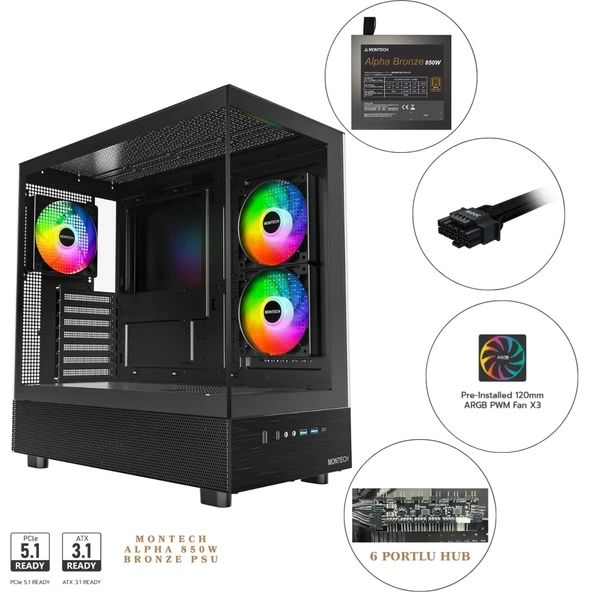 Montech XR Cam Panel Oyuncu Kasası Siyah Renk + Alpha 80+ Bronze 850W ATX 3.1 Gen5.1 PSU + 6 Port Fan&ARGB Kontrolcülü ürün görseli 1