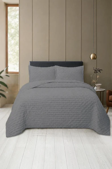 Flore Elyaf Dolgulu Çift Kişilik 240x260 Cm Yatak Örtüsü Gri ürün görseli 1