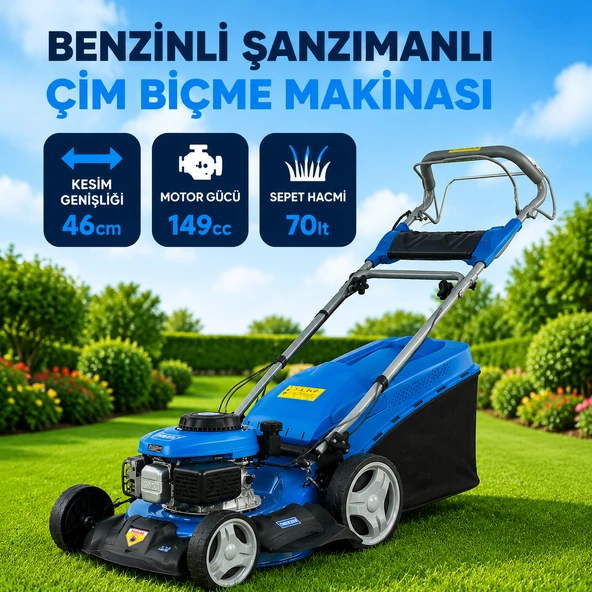Benzinli Şanzımanlı Çim Biçme Makinesi 149cc 46cm Kesim 70L Sepet İtmeli Bahçe Çim Kesme Makinesi ürün görseli 1