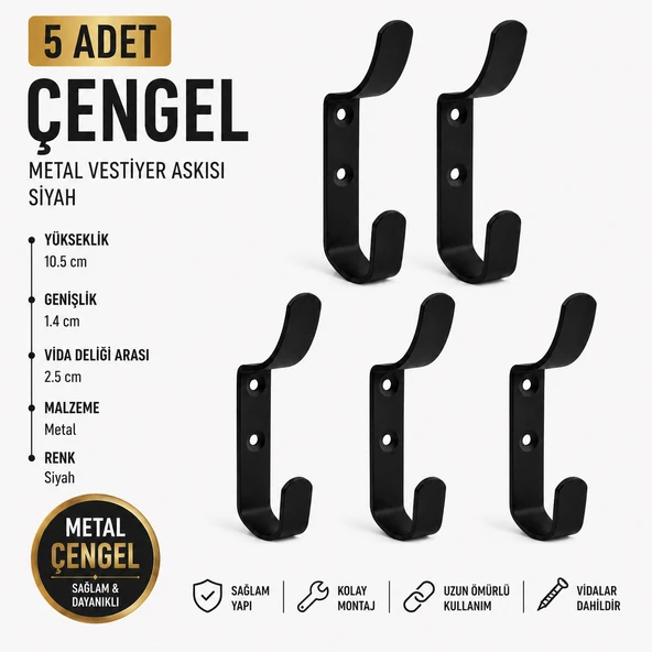 (5 ADET) Çengel Metal Portmanto Vestiyer Duvar Dolap Elbise Askısı Siyah Mobilya Askılığı Aparatı ürün görseli 1