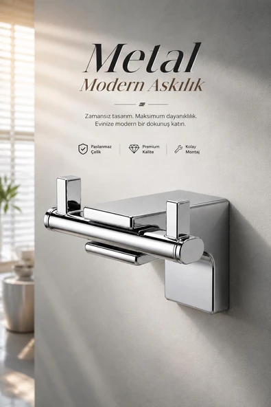 Modern İkili Askılık Krom Duvara Monte Metal Çiftli Askı Banyo Mutfak Havlu Elbise Duvar Askısı Aparatı ürün görseli 1