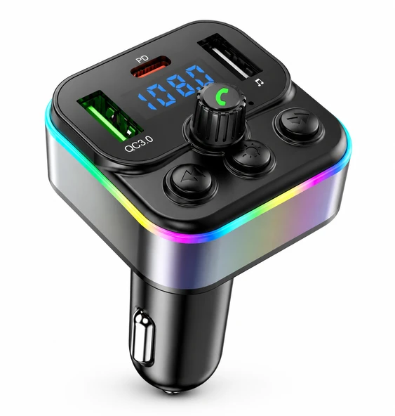 Bluetooth Araç Kiti FM Transmitter USB Type-C PD RGB LED Işıklı Flash Bellek MP3 Çakmaklık Girişli ürün görseli 1