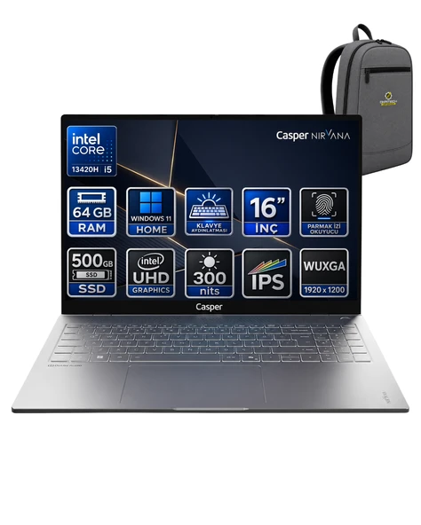 Casper Nirvana S100 Intel Core i5 13420H 64GB 500GB SSD Windows 11 Home 300Nit 16" Taşınabilir Bilgisayar S100.BV00A-GFOKA016 ürün görseli 1