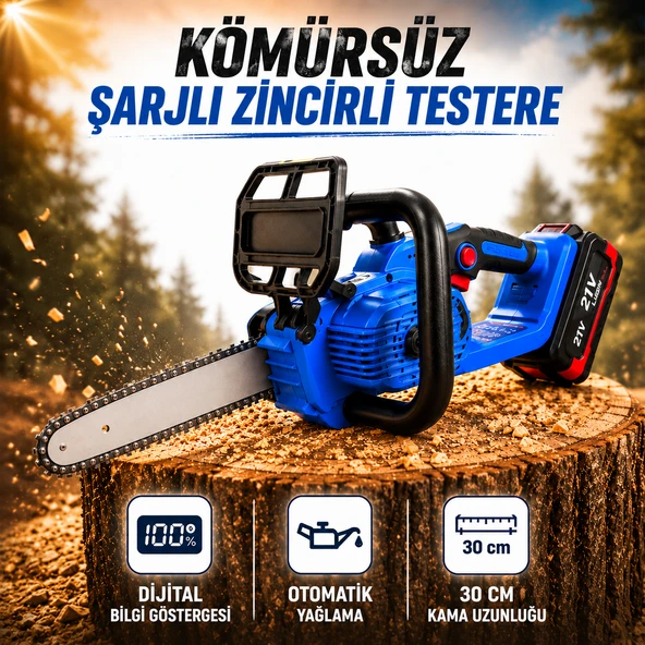 Şarjlı Zincirli Testere 21V 4Ah Çift Akülü 300 mm Kömürsüz Ağaç Dal Budama Kesme Makinesi ürün görseli 1