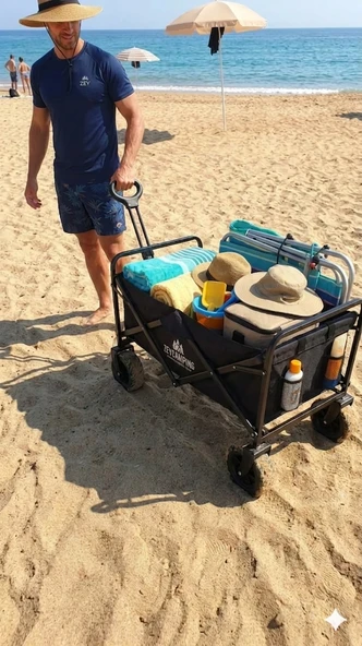 Zey Camping BÜYÜK BOY Fren Sistemli, Rulmanlı, Kalın Teker, XL Boy Katlanır Vagon Plaj Taşıma ve Kamp Arabası ürün görseli 1