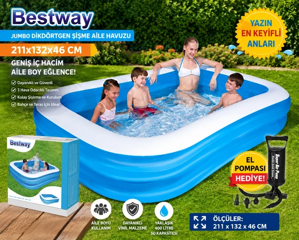 Jumbo Dikdörtgen Şişme Aile Havuzu 211x132x46 CM Geniş İç Hacim + El Pompası Hediye ürün görseli 1