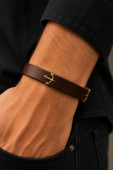 Çapa Figürlü Gerçek Deri Kahverengi Bileklik Ayarlanabilir Unisex Bileklik ürün görseli 1
