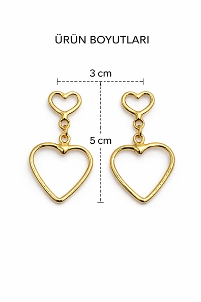 2'li Kalp Gold Çivi Küpe - Resim 3