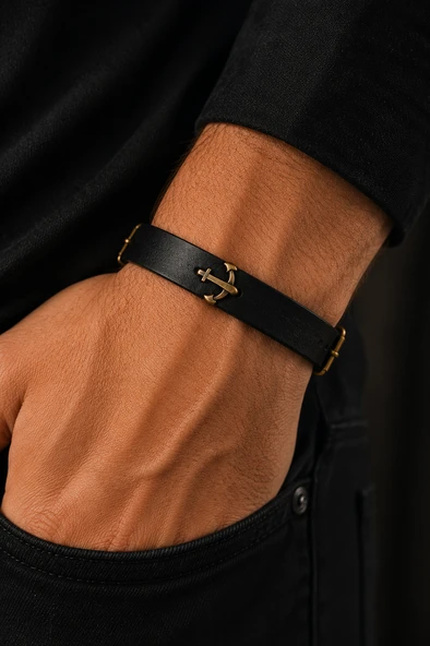Çapa Figürlü Gerçek Deri Siyah Bileklik Ayarlanabilir Unisex Bileklik ürün görseli 1