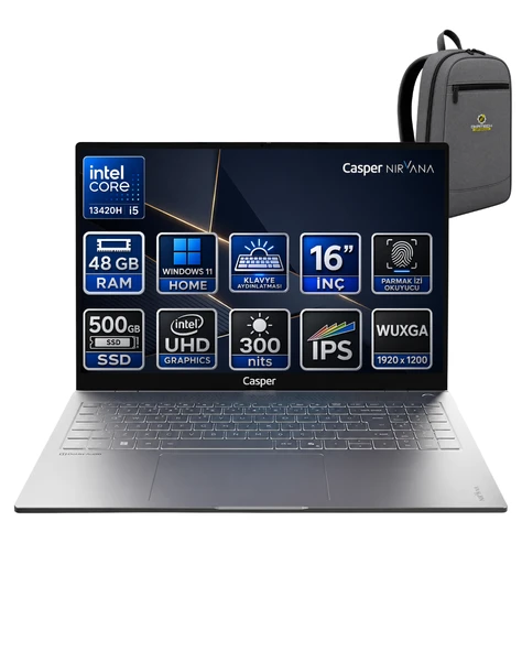 Casper Nirvana S100 Intel Core i5 13420H 48GB 500GB SSD Windows 11 Home 300Nit 16" Taşınabilir Bilgisayar S100.BV00A-GFOKA13 ürün görseli 1