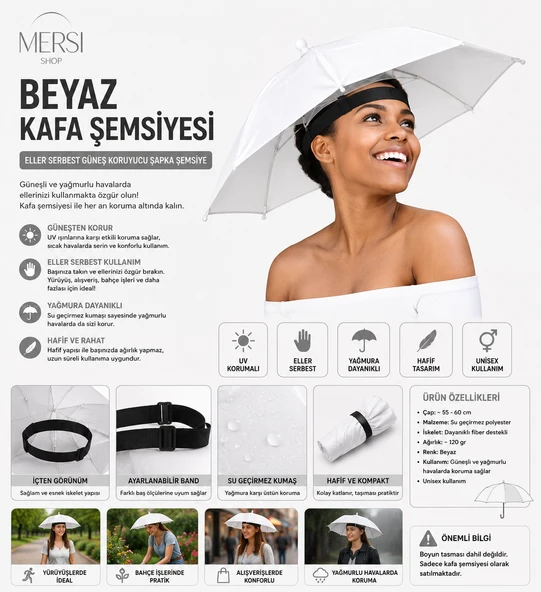 Beyaz Kafa Şemsiyesi  Eller Serbest Güneş Koruyucu Şapka Şemsiye ürün görseli 1