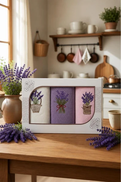 Lavender Nakışlı 3lü Mutfak Havlu Takımı 30x50 Cm ürün görseli 1