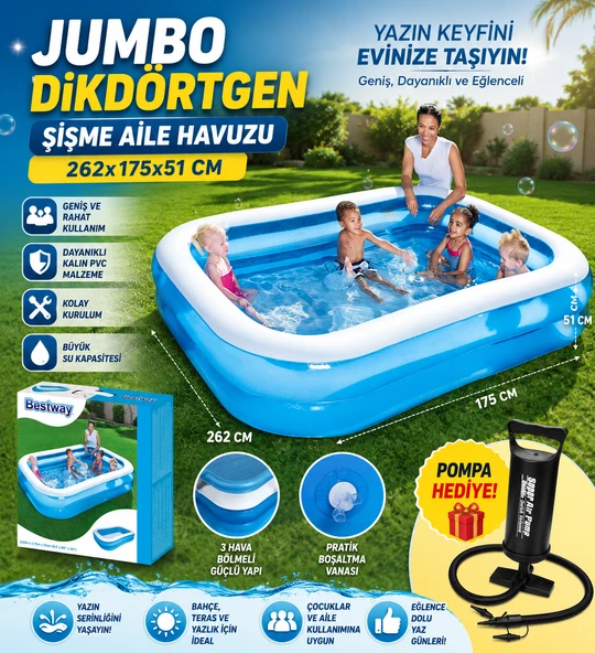 Jumbo Dikdörtgen Şişme Aile Havuzu 262x175x51 CM + El Pompası Hediye Geniş Bahçe ve Yaz Havuzu ürün görseli 1