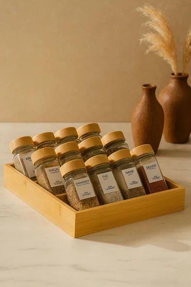 Kitchen Life 13 Parça Bambu Standlı Cam Baharatlık Seti 120 Ml - 12'li + 1 Standlı Baharatlık Takımı ürün görseli 1