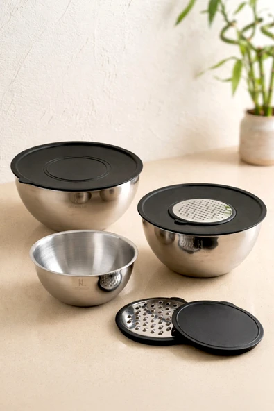 Kitchen Life Paslanmaz Çelik Profesyonelia 9 Parça Rendeli Karıştırma Kabı ve Saklama Kabı - Çırpıcı Kase ürün görseli 1