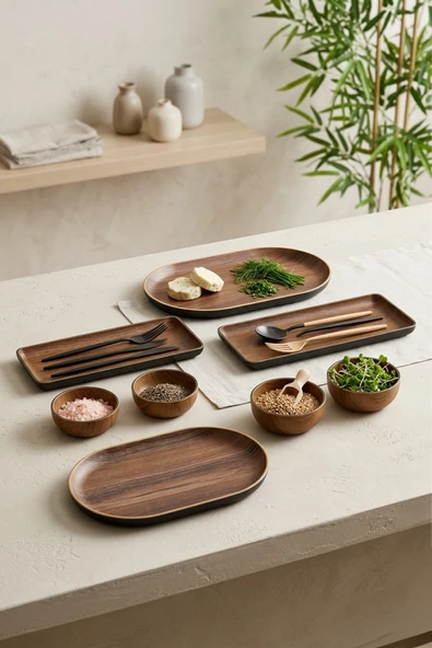 Kitchen Life 8'li Ahşap Görünümlü Kahvaltılık Sunum Seti-Servis Tabakları ve Kaseler,Dekoratif Tabak Seti Kahverengi ürün görseli 1
