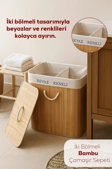 Porsima Çift Bölmeli Kapaklı Kirli Çamaşır Sepeti Dikdörtgen - İki Bölmeli Bambu Kirli Çamaşır Sepeti CR71015 ürün görseli 1