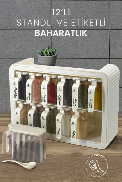 Kitchen Life 12 li Standlı Kendinden Yapışkanlı Kapaklı Kaşıklı Baharatlık Takımı - Kulplu Baharatlık Standı ürün görseli 1