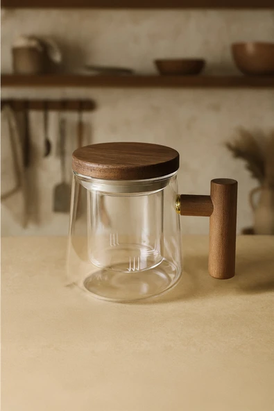 Kitchen Life Akasya Kapaklı Borasilikat Cam Süzgeçli Kupa Bardak Bitki Çayı Bardağı Kupası 450 ml Beyaz ürün görseli 1