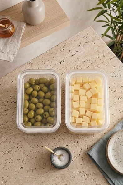 Kitchen Life 2'li Etiketli Vakumlu Dikdörtgen Saklama Kabı-Kahvaltılık 900 ml Beyaz ürün görseli 1
