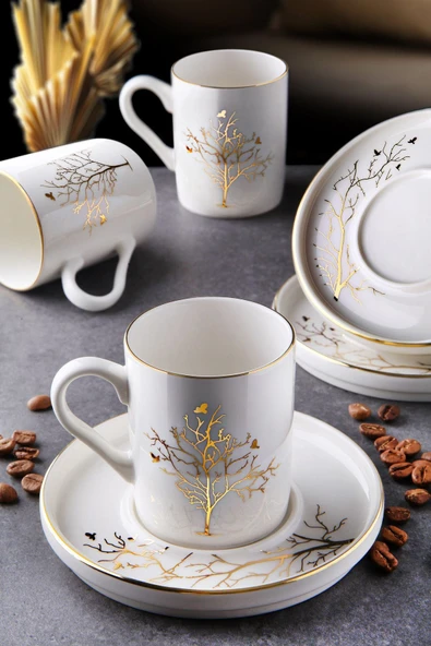 Kitchen Life 12 Parça 6 Kişilik Hayat Ağacı Kahve Fincan Takımı - Kahve Fincanı Seti 100ml Beyaz Gold ürün görseli 1