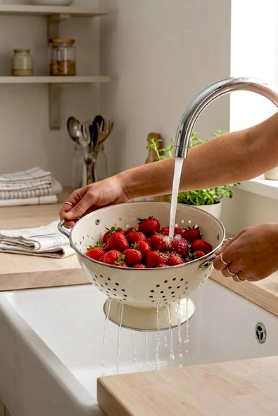 Kitchen Life Emaye Görünümlü Caotic Paslanmaz Çelik Kulplu Sebze Meyve Süzgeci Meyvelik ürün görseli 1