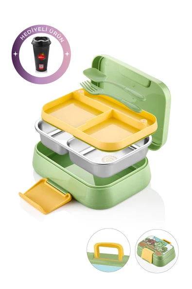 Kitchen Life Happii Vakumlu 4 Bölmeli Paslanmaz Çelik Çocuk Beslenme Kabı - Dinazor Desenli Yemek Kutusu Yeşil ürün görseli 1