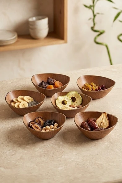 Kitchen Life 6'lı Mini Akasya Görünümlü Çerezlik Sunum Kasesi-Dekoratif Kahvaltılık 12 cm Kahverengi ürün görseli 1