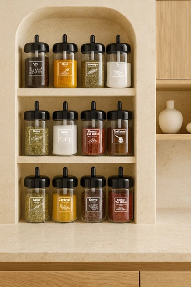 Kitchen Life 12'li Kapağı Kendinden Kaşıklı Ve Etiketli Baharatlık Seti 300 ml Cam Baharat Takımı ürün görseli 1