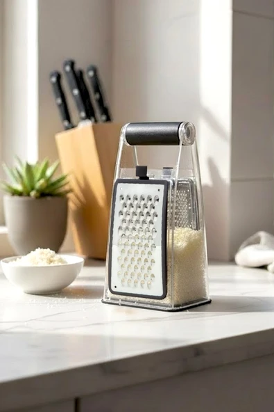 Kitchen Life 4 Parça Silikon Saplı Çift Taraflı Paslanmaz Çelik Rende , Ölçülü ,Hazneli Sarımsak Rendesi 1 Litre ürün görseli 1