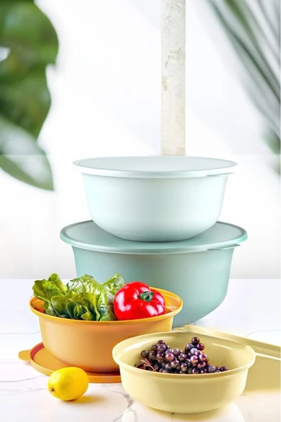 Kitchen Life Aura Kapaklı Yuvarlak Çırpma ve Saklama Kase 4’lü Set Yeşil Açık mavi Turuncu Sarı ürün görseli 1