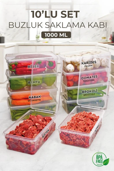 Kitchen Life 10 Adet 1000ml Kapaklı Derin Dondurucu Difriz Saklama Kabı - Buzdolabı Düzenleyici ürün görseli 1