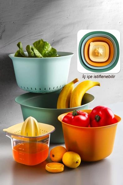 Kitchen Life 5'li Aura Profesyonel Hazırlık Seti - Karıştrıma Kasesi Süzgeç Limon Sıkacağı Seti - Süzgeci 3200 Ml Mint Turuncu Yeşil Sarı ürün görseli 1