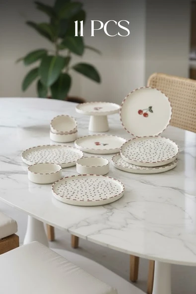 Kitchen Life Cherry Stackable Kahvaltı Takımı - Kirazlı Kahvaltılık Sunum Tabağı Kırmızı ürün görseli 1