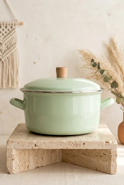 Kitchen Life Terra Cook Ahşap Kulplu,Paslanmaz Saplı Su Yeşili Süzgeçli Emaye Kızartma Tenceresi 22 cm Su Yeşili ürün görseli 1