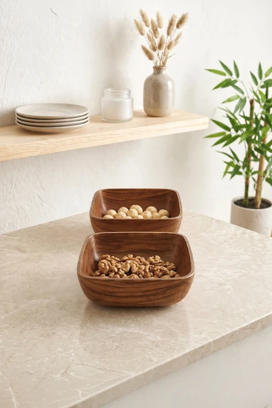 Kitchen Life 2'li Mini Kare Akasya Görünümlü Çerezlik Sunum Kasesi-Dekoratif Kahvaltılık 10 cm Kahverengi ürün görseli 1